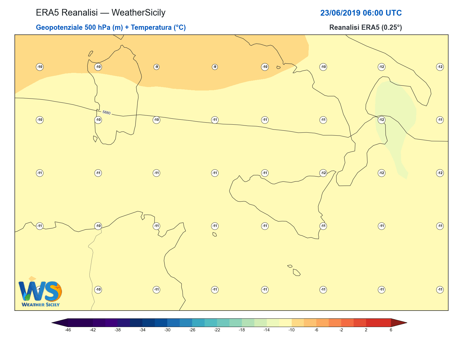 Geopotenziale 500 hPa + Temperatura · 2019062306