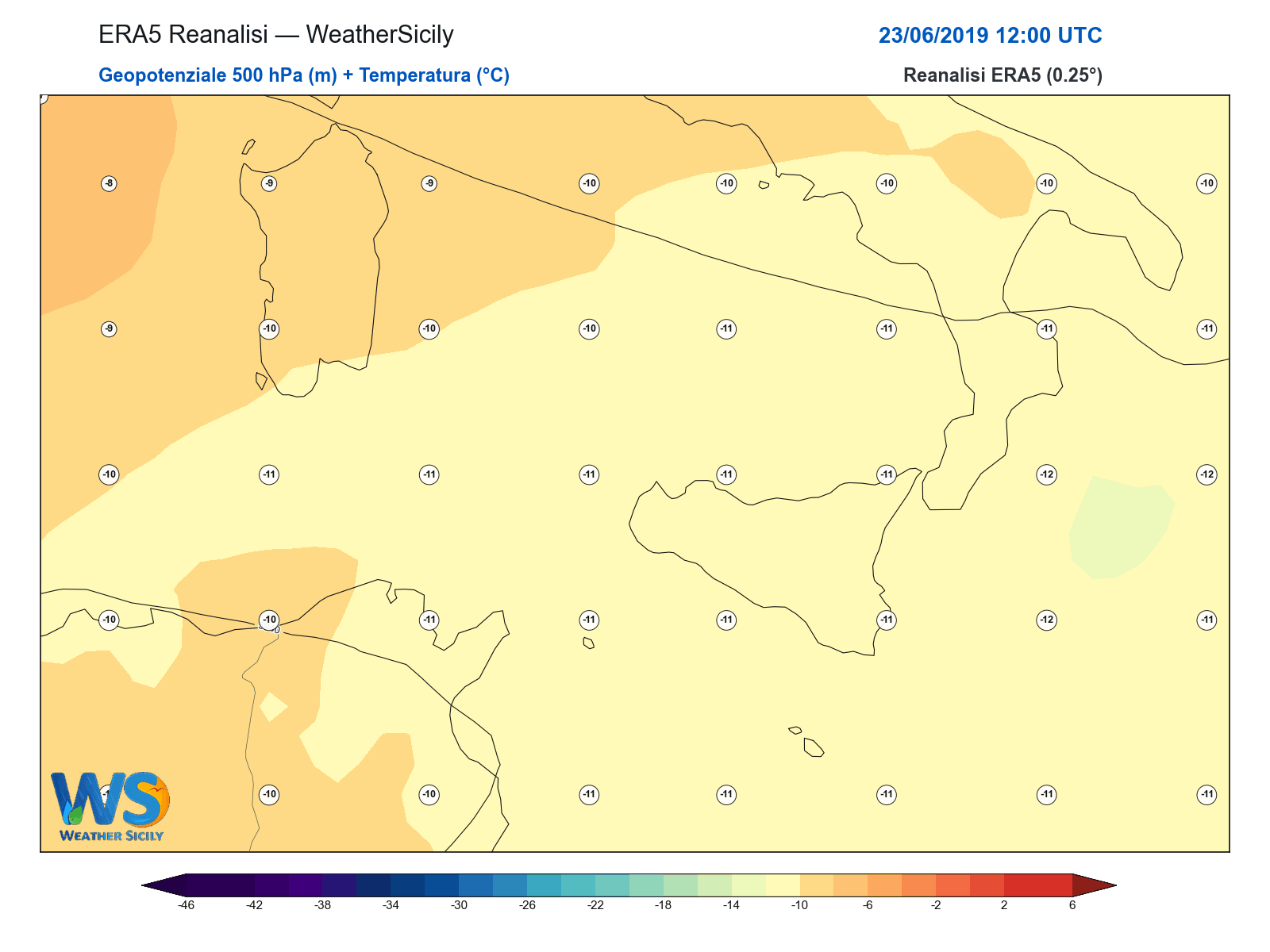 Geopotenziale 500 hPa + Temperatura · 2019062312