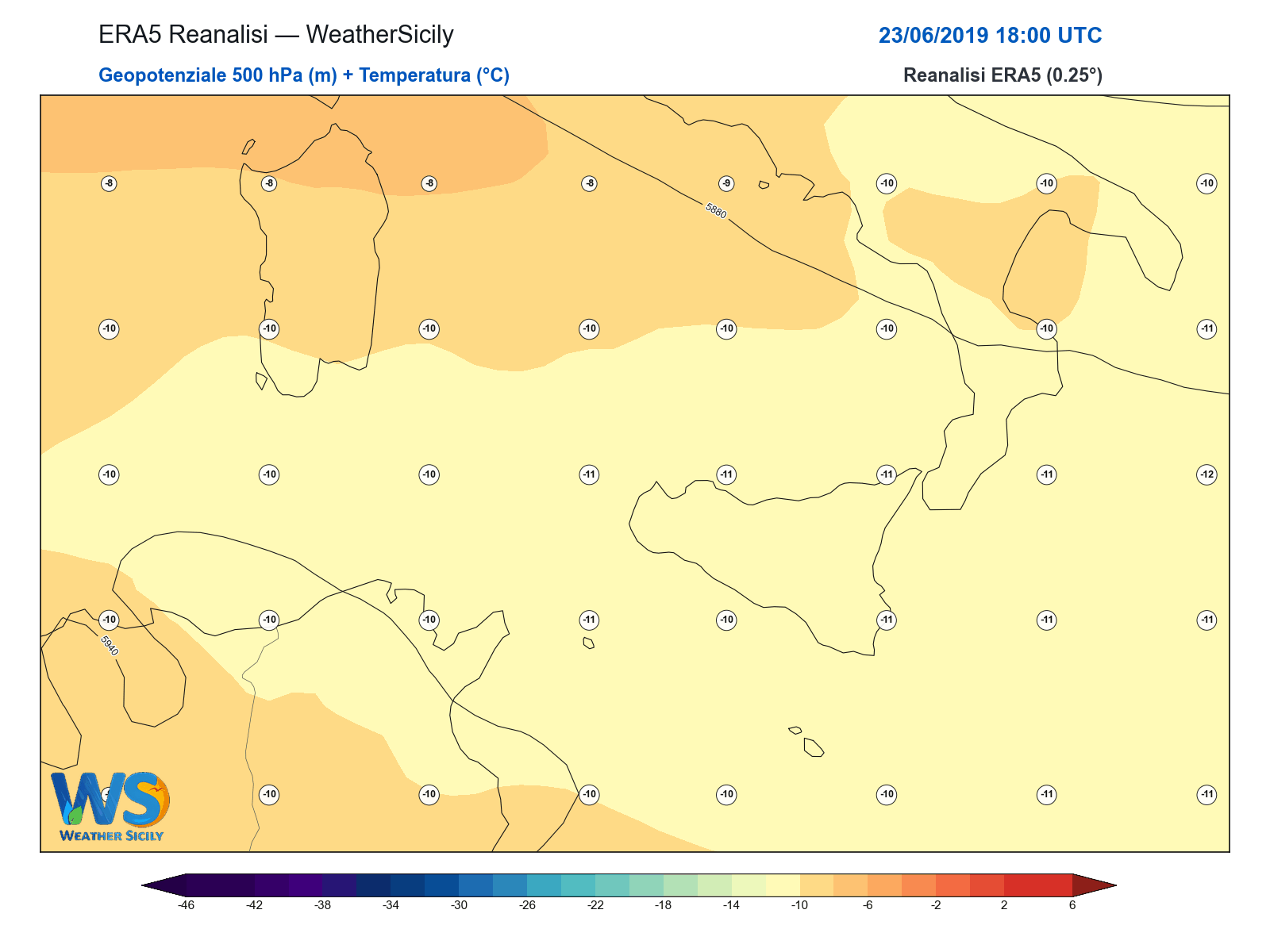 Geopotenziale 500 hPa + Temperatura · 2019062318