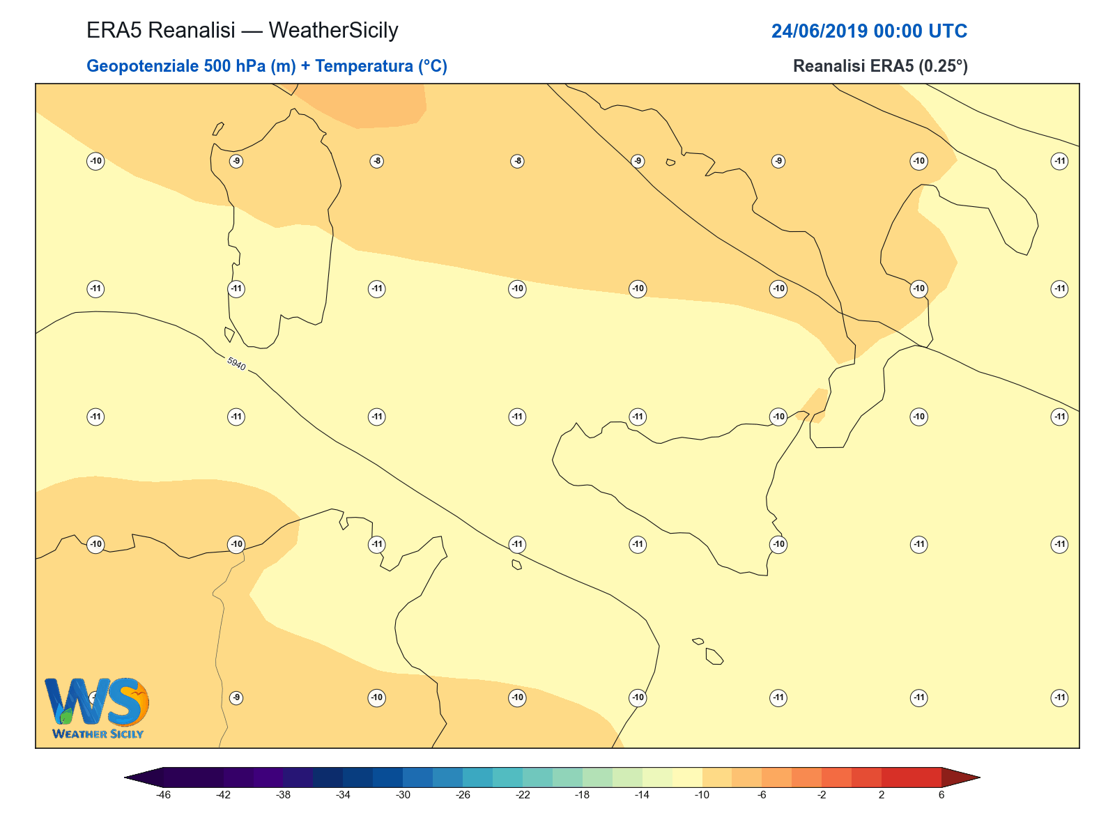 Geopotenziale 500 hPa + Temperatura · 2019062400