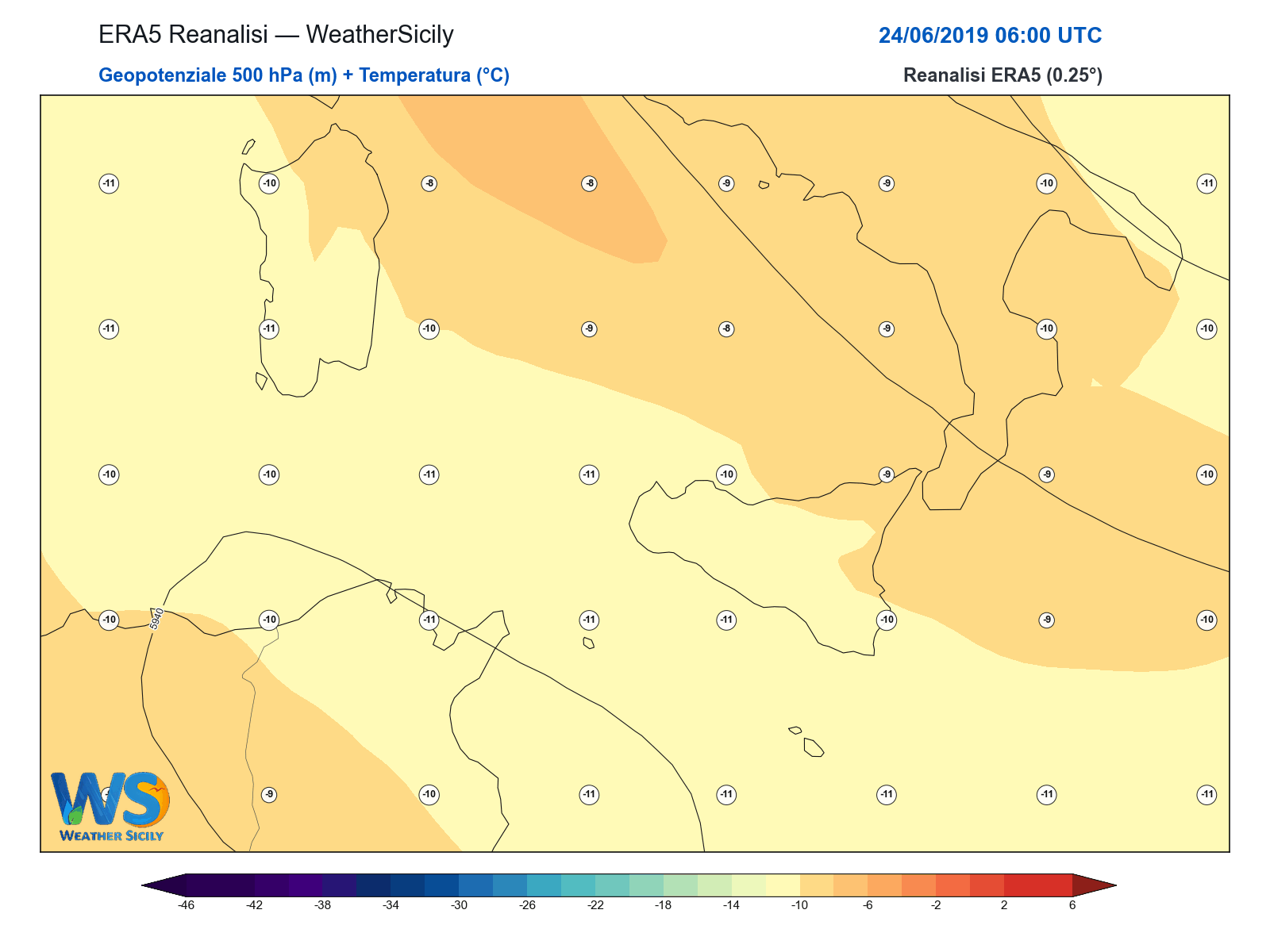 Geopotenziale 500 hPa + Temperatura · 2019062406