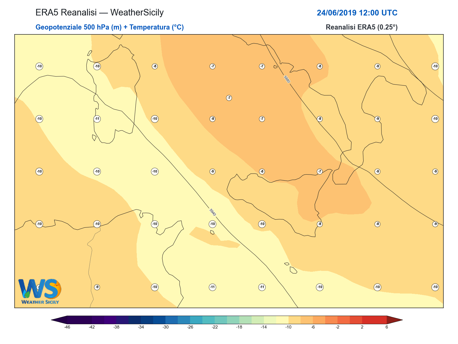Geopotenziale 500 hPa + Temperatura · 2019062412