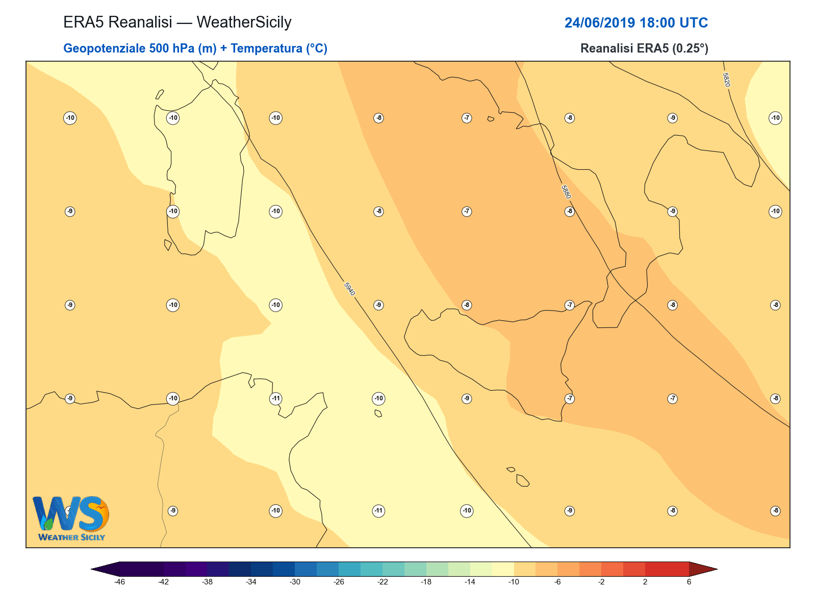 Geopotenziale 500 hPa + Temperatura · 2019062418