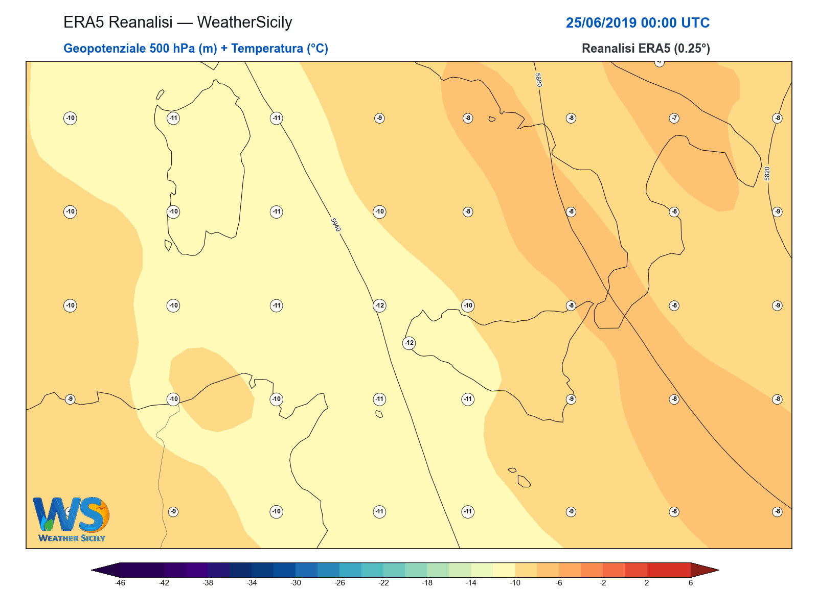 Geopotenziale 500 hPa + Temperatura · 2019062500