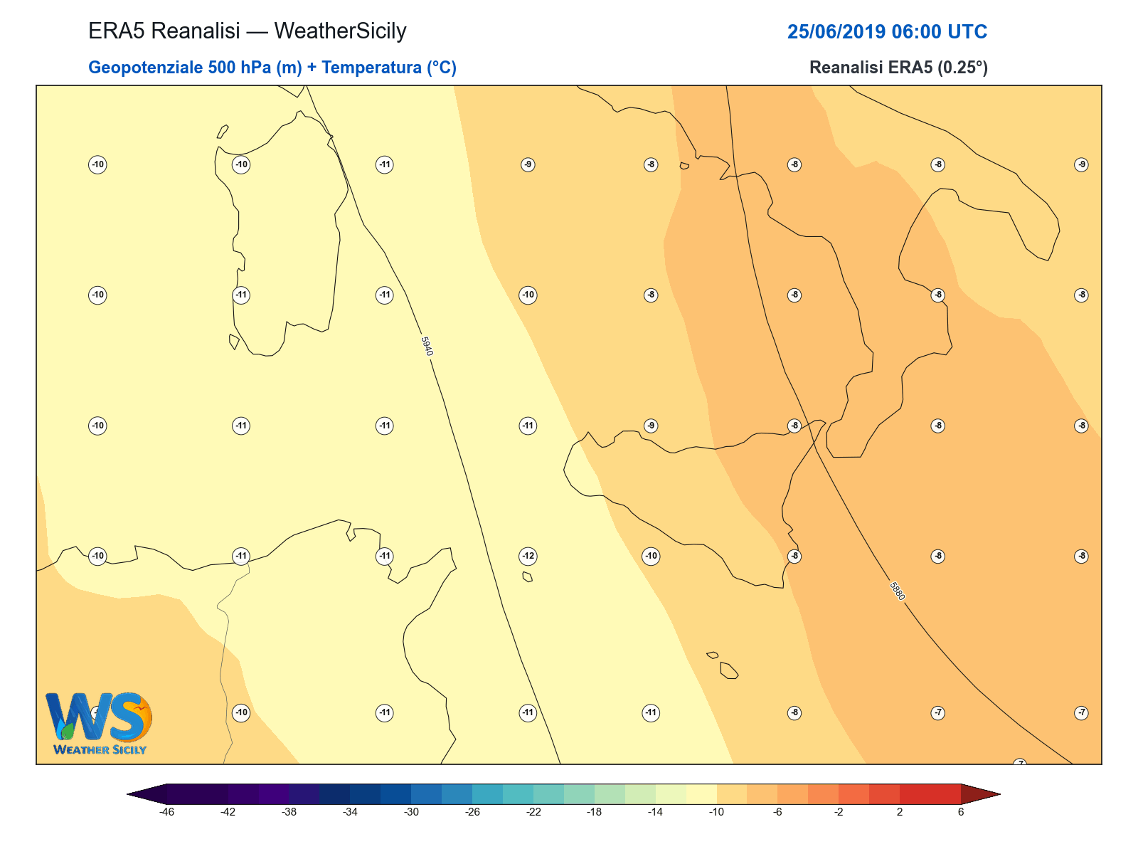 Geopotenziale 500 hPa + Temperatura · 2019062506