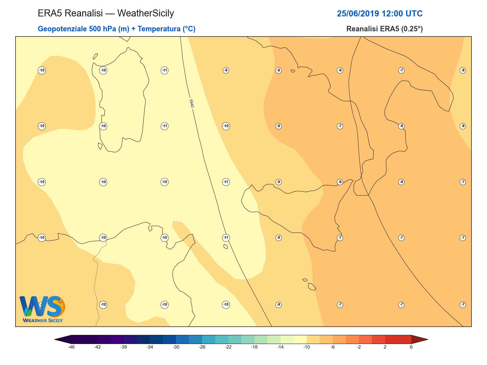 Geopotenziale 500 hPa + Temperatura · 2019062512