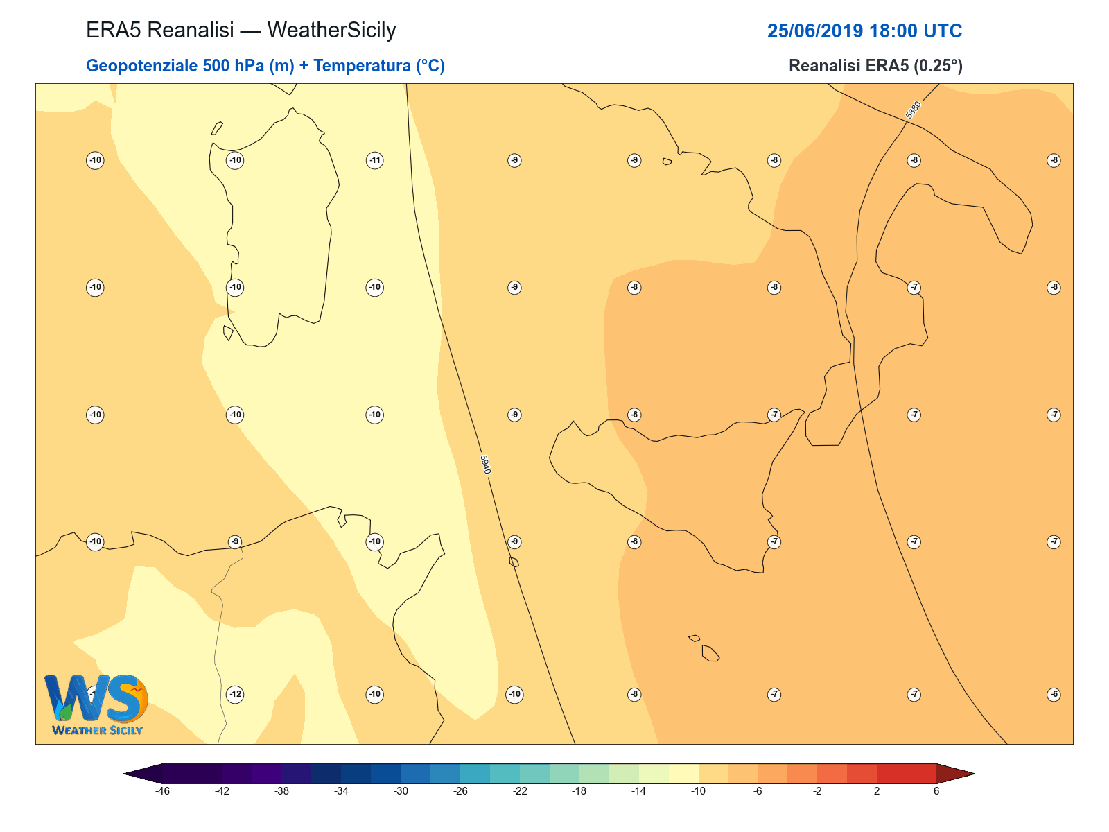 Geopotenziale 500 hPa + Temperatura · 2019062518