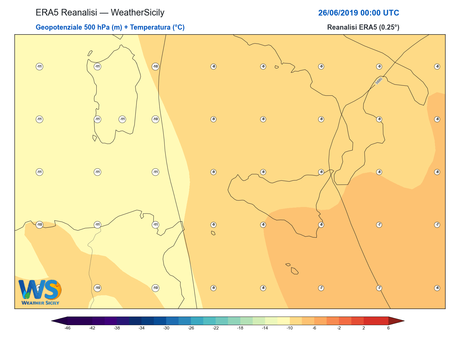 Geopotenziale 500 hPa + Temperatura · 2019062600
