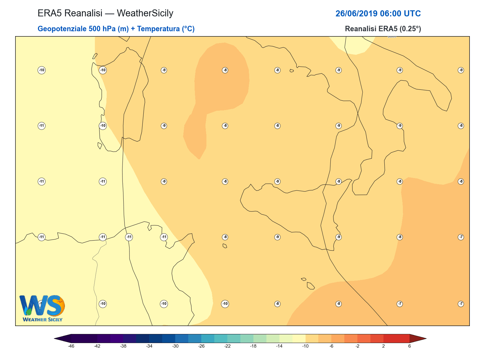 Geopotenziale 500 hPa + Temperatura · 2019062606