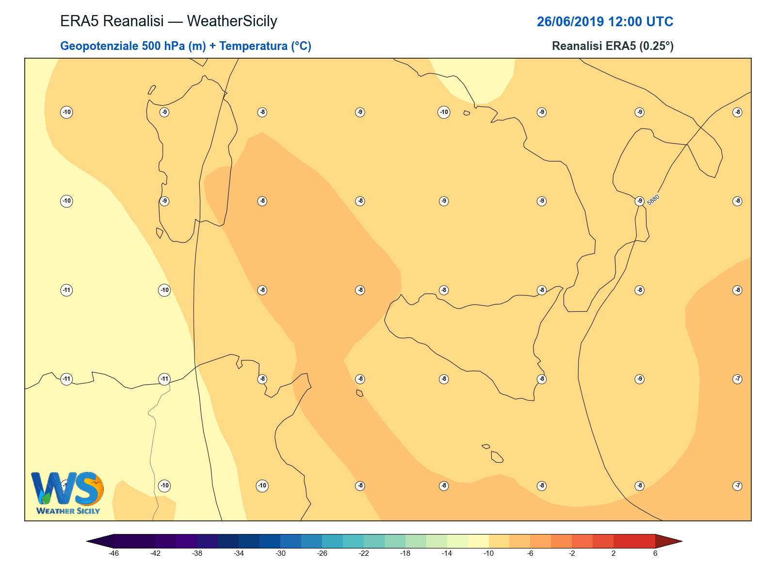 Geopotenziale 500 hPa + Temperatura · 2019062612