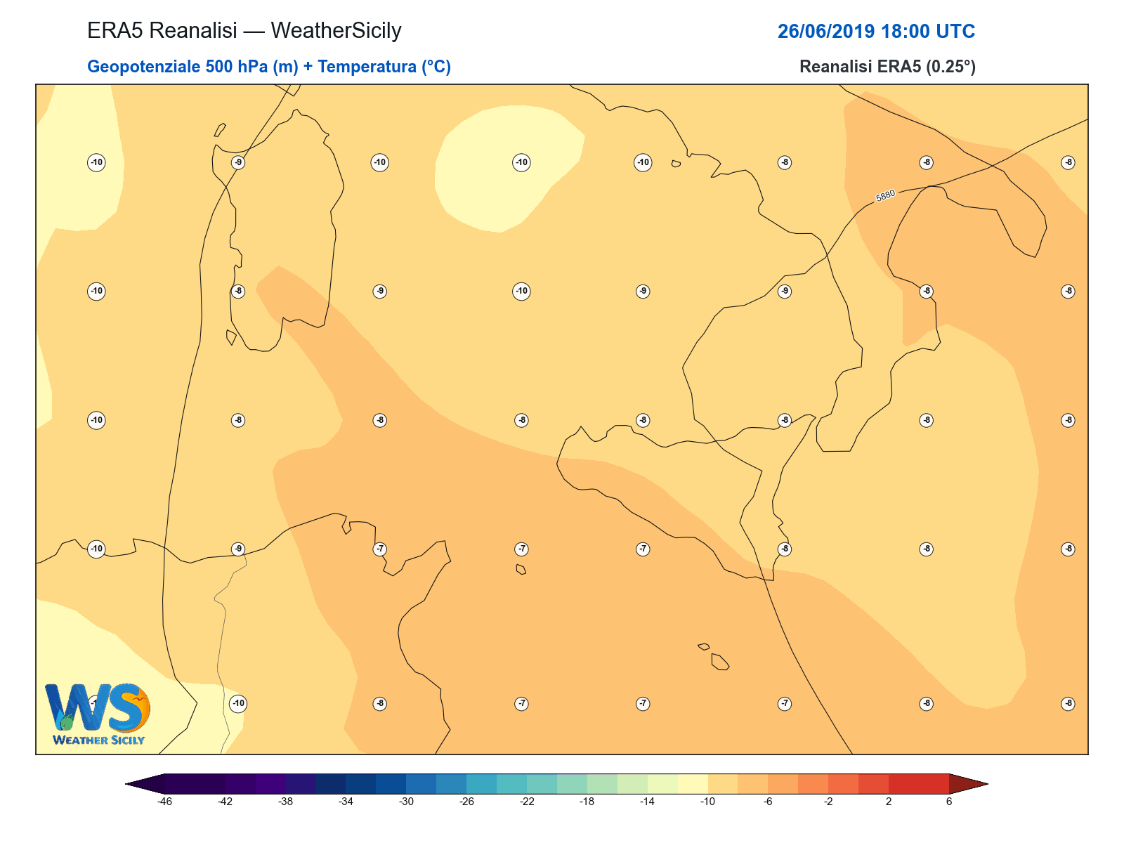 Geopotenziale 500 hPa + Temperatura · 2019062618