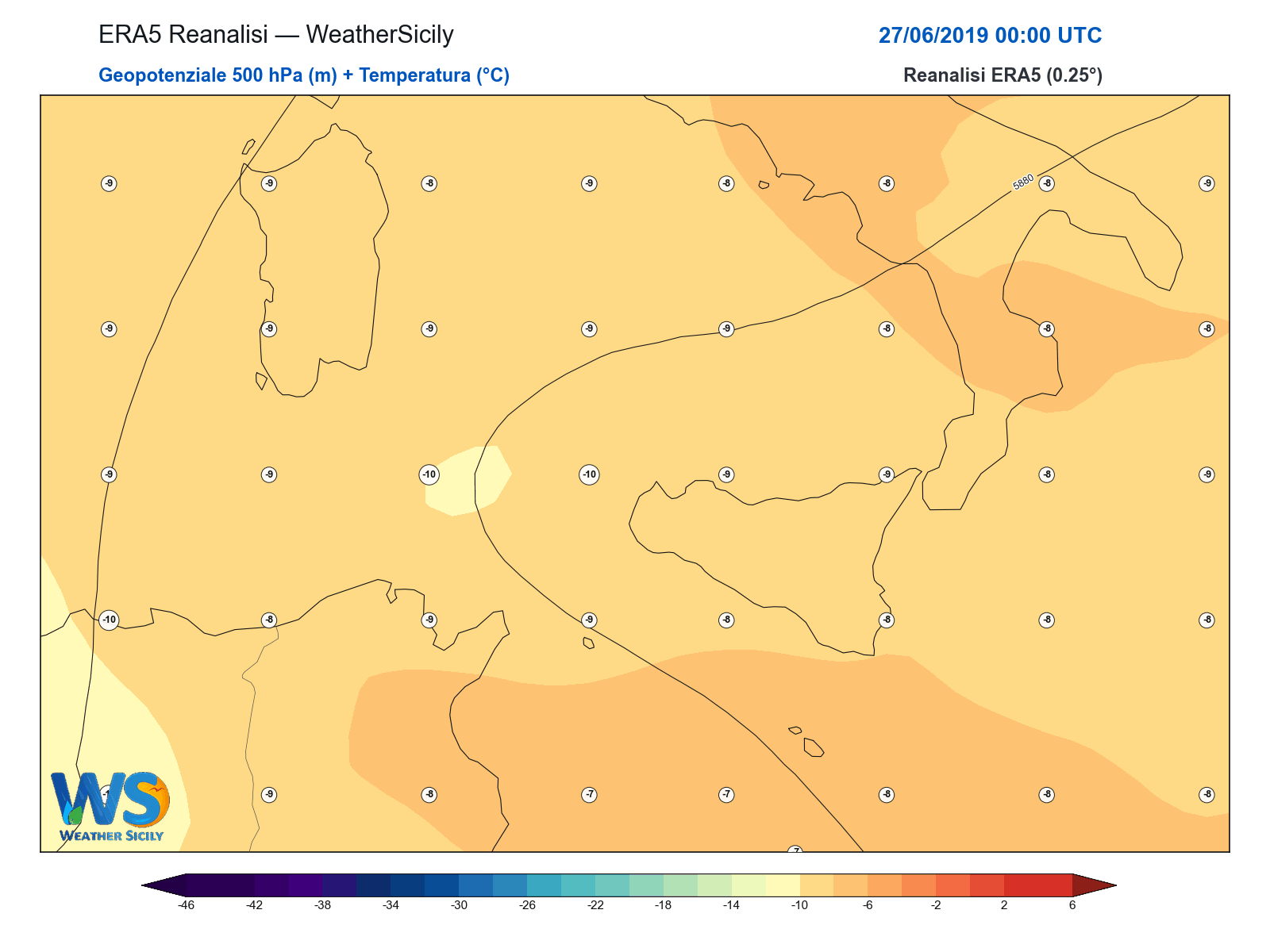 Geopotenziale 500 hPa + Temperatura · 2019062700