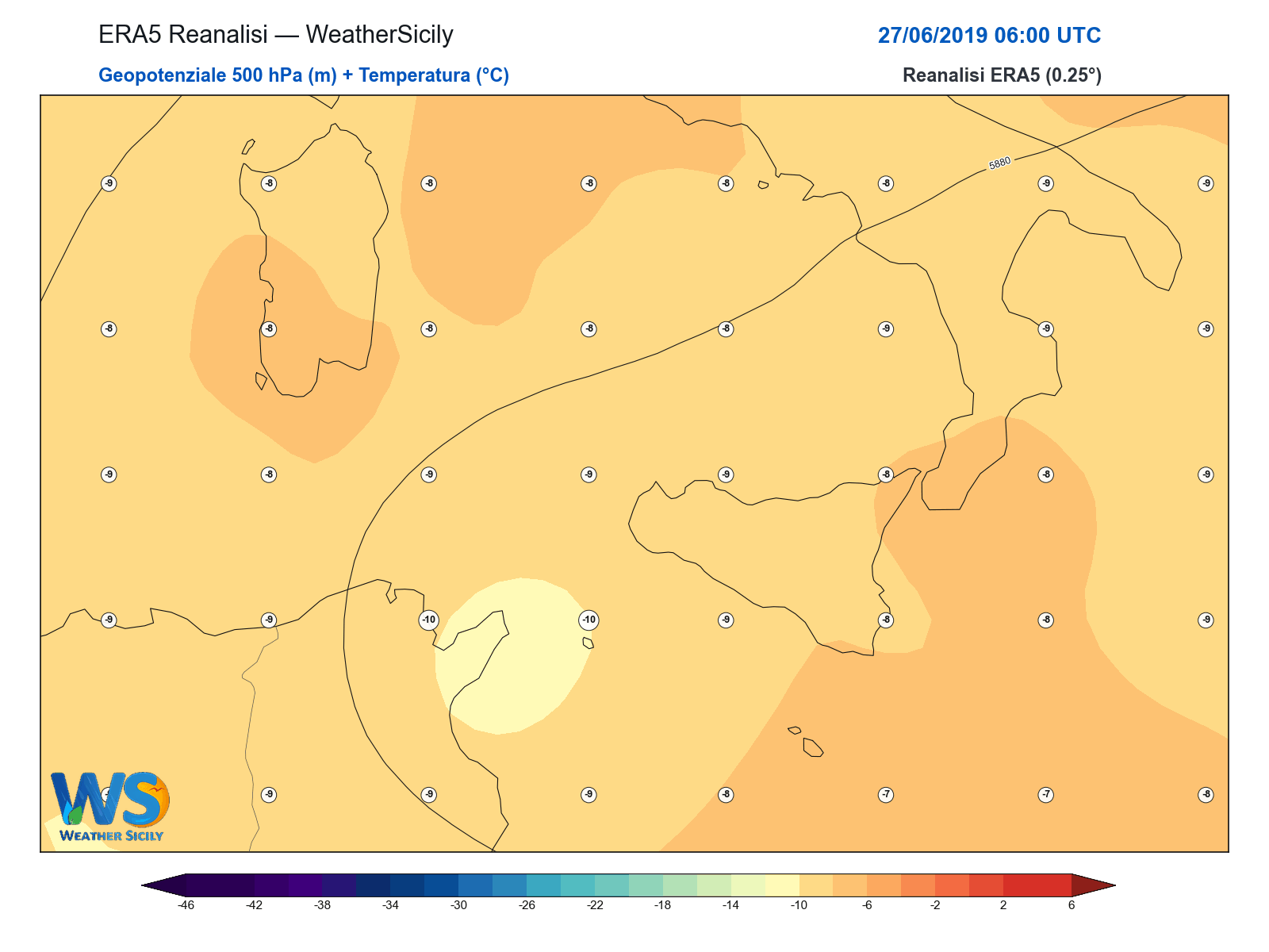 Geopotenziale 500 hPa + Temperatura · 2019062706