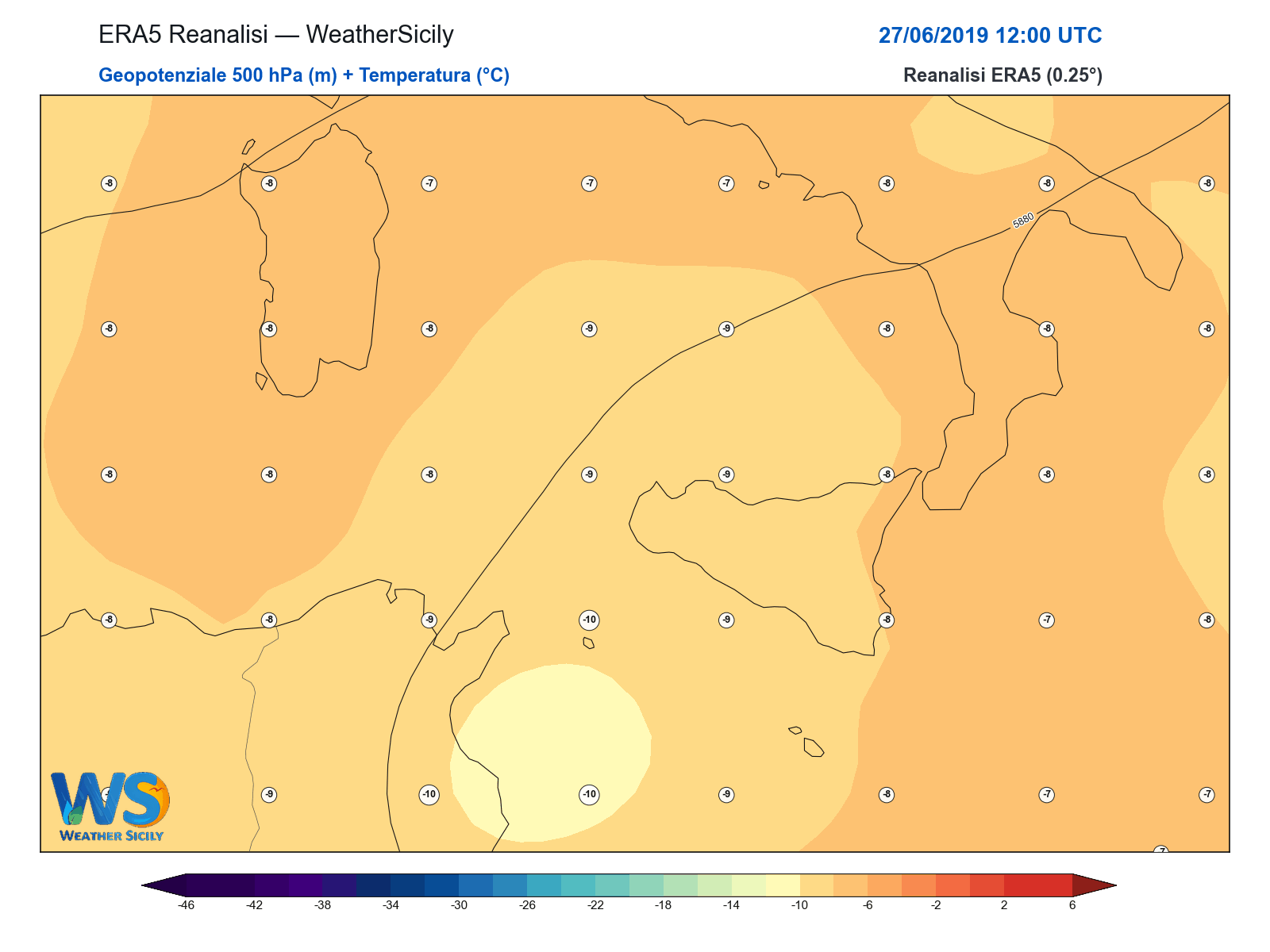 Geopotenziale 500 hPa + Temperatura · 2019062712