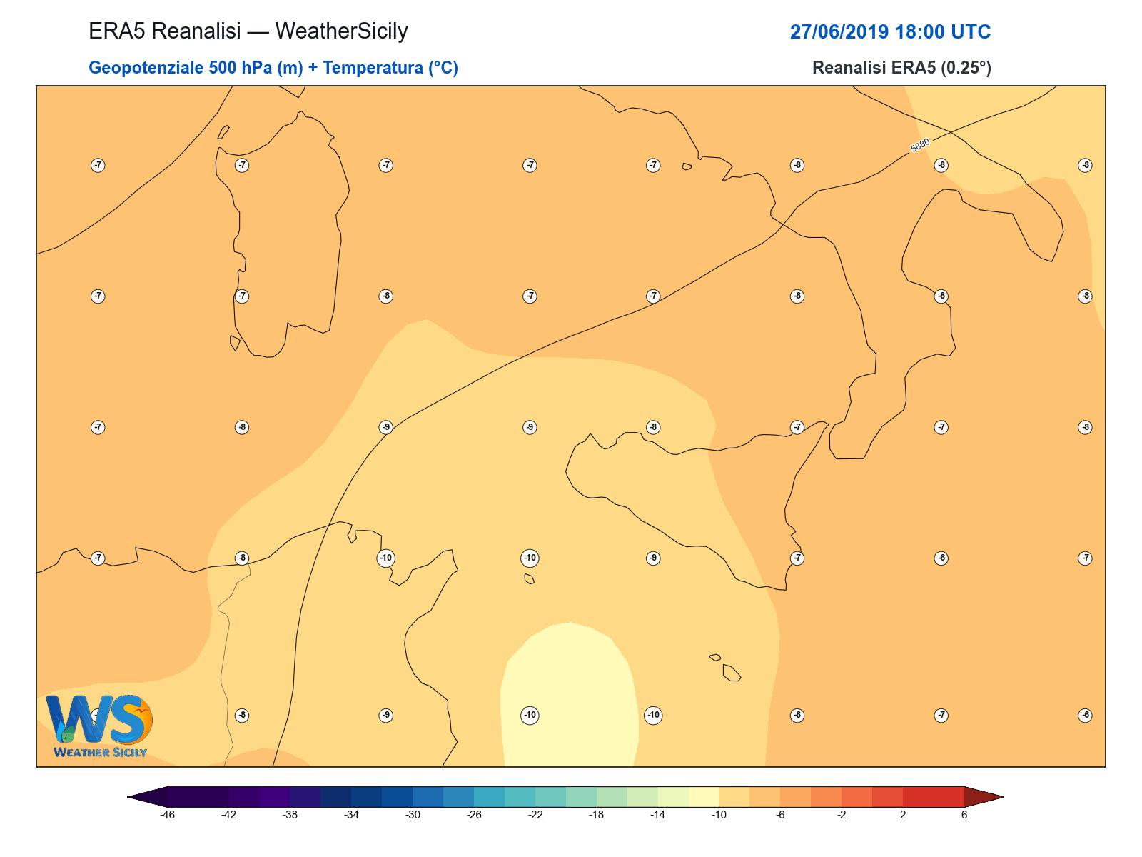 Geopotenziale 500 hPa + Temperatura · 2019062718