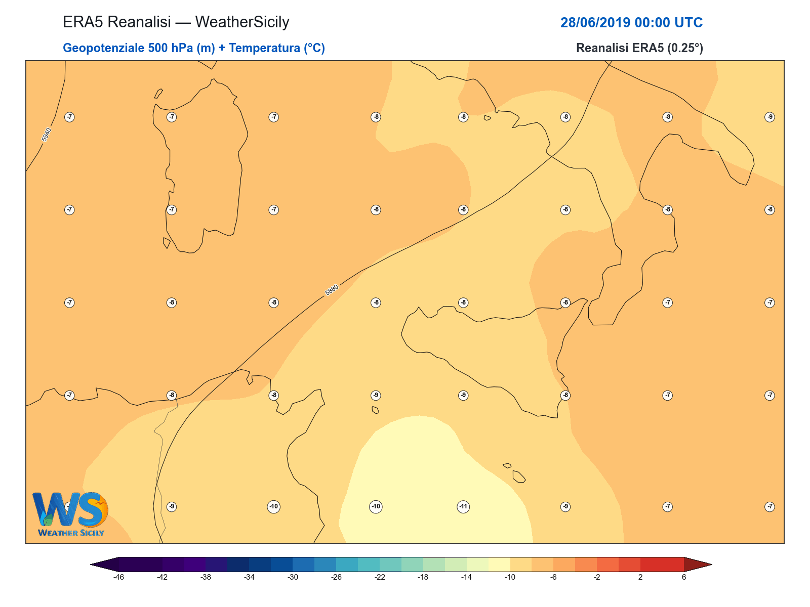 Geopotenziale 500 hPa + Temperatura · 2019062800