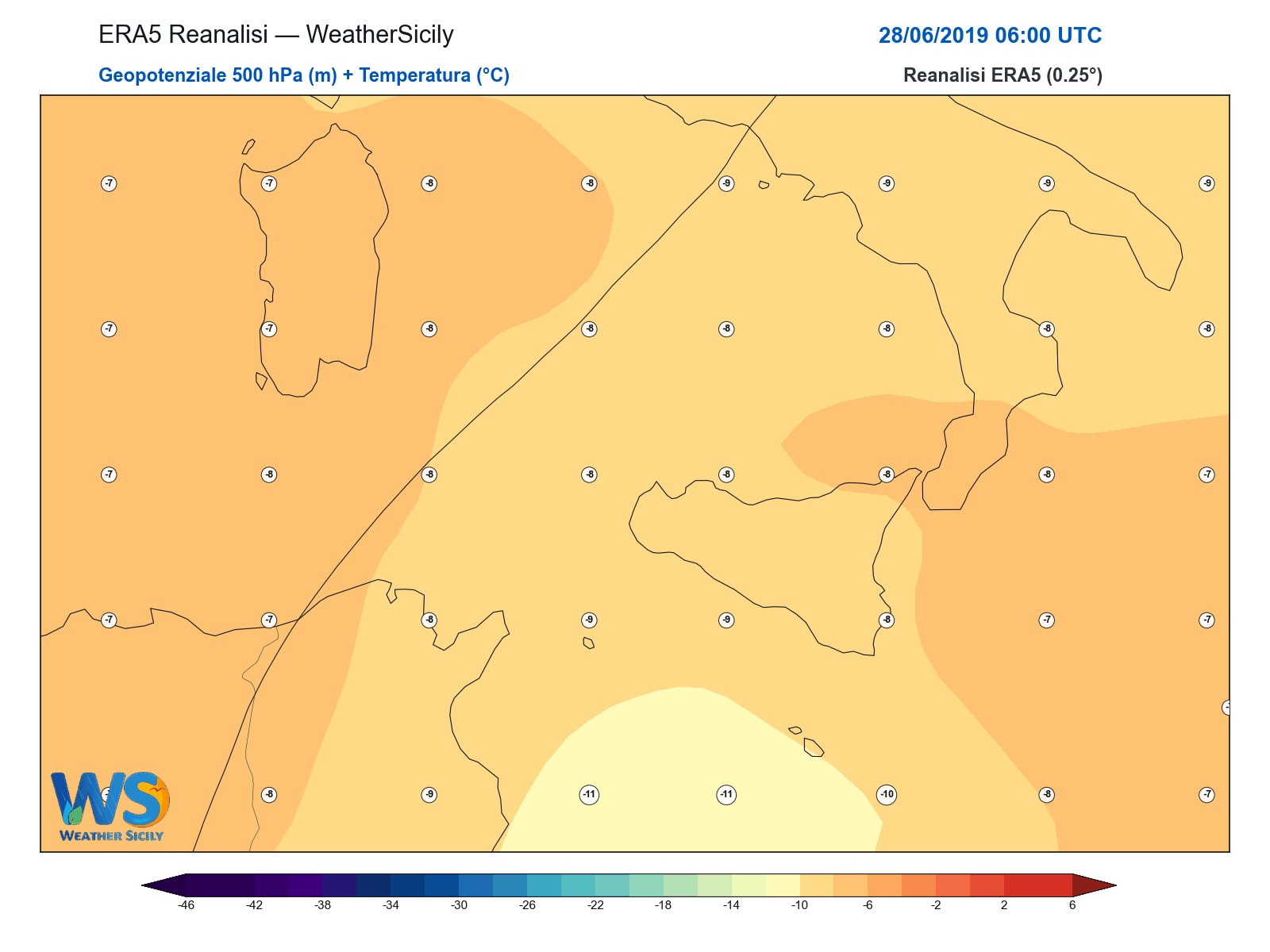 Geopotenziale 500 hPa + Temperatura · 2019062806