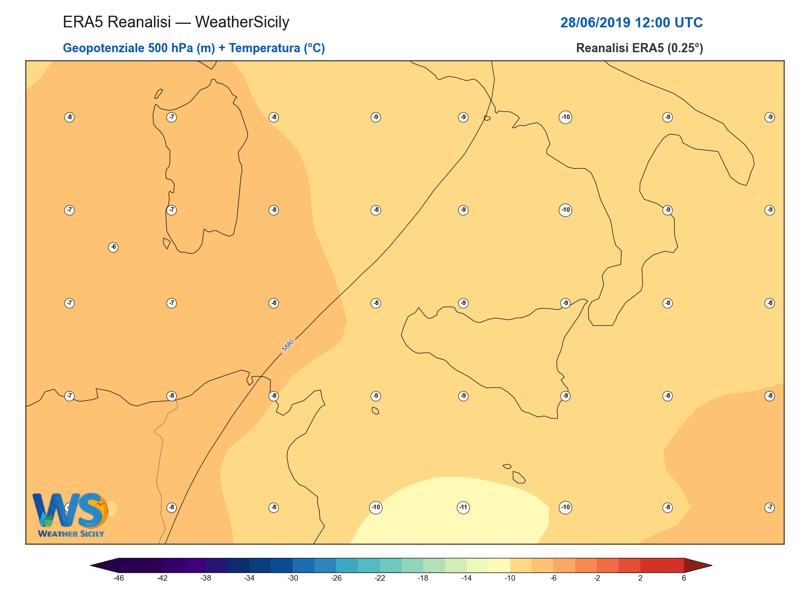 Geopotenziale 500 hPa + Temperatura · 2019062812