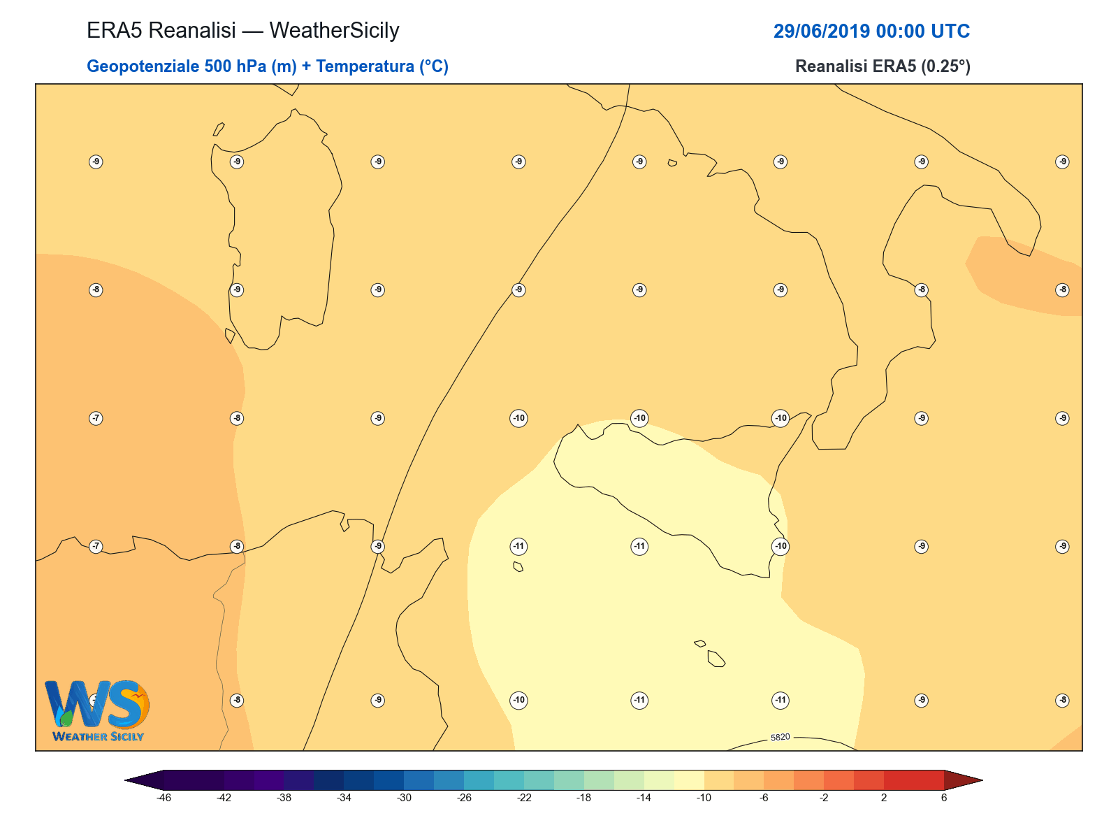 Geopotenziale 500 hPa + Temperatura · 2019062900