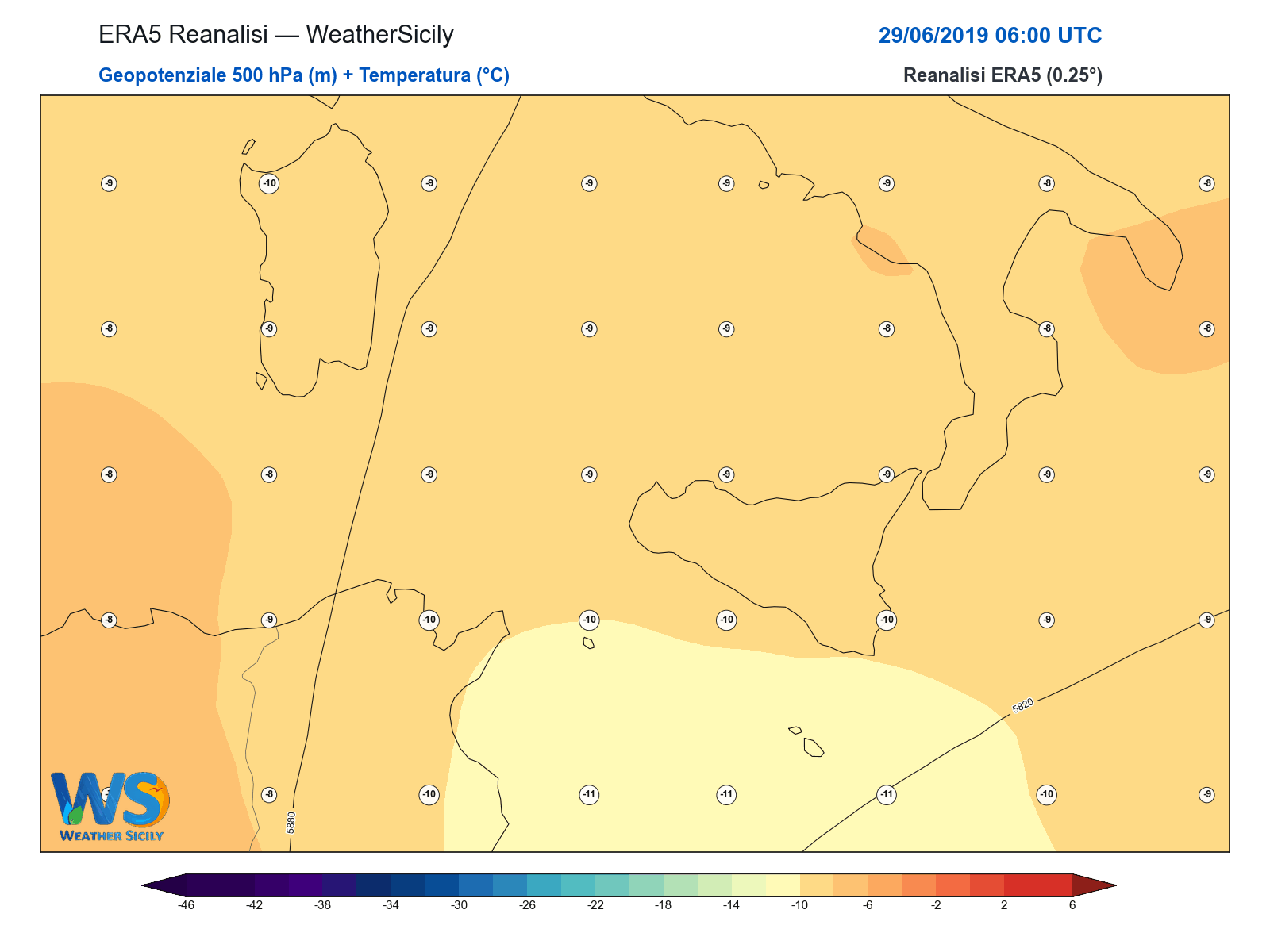 Geopotenziale 500 hPa + Temperatura · 2019062906
