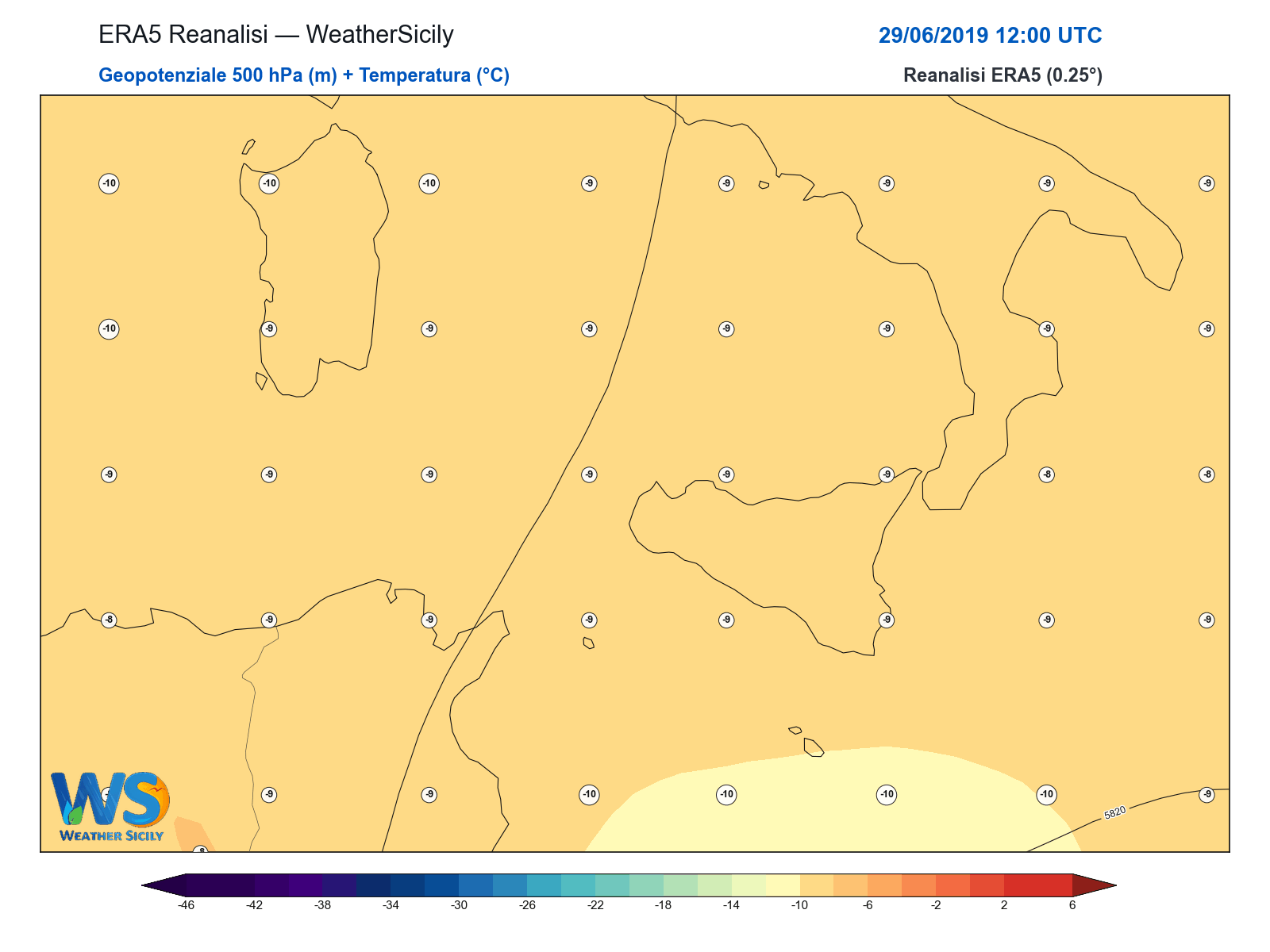 Geopotenziale 500 hPa + Temperatura · 2019062912