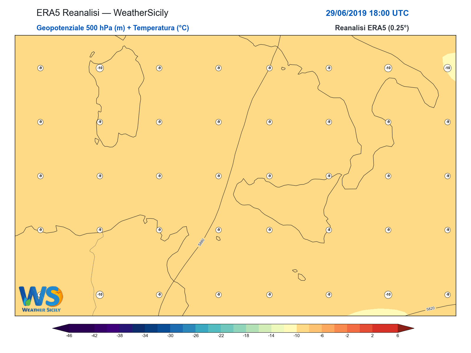 Geopotenziale 500 hPa + Temperatura · 2019062918