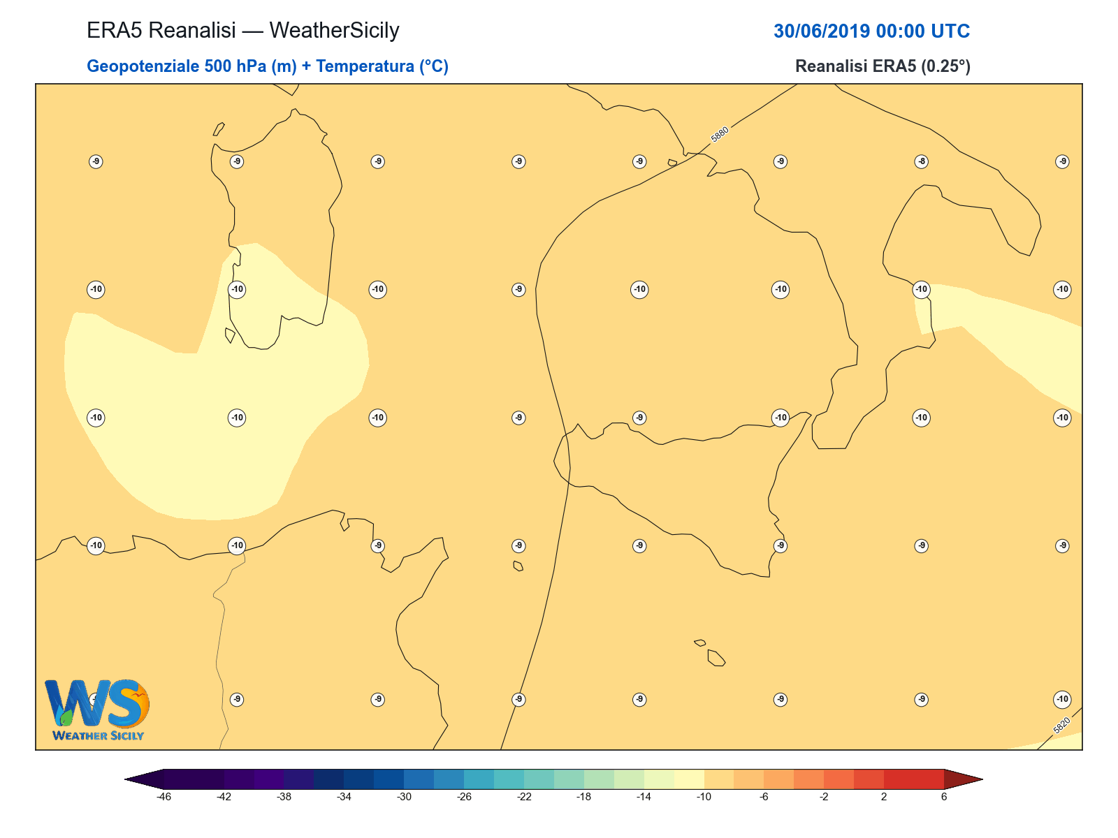 Geopotenziale 500 hPa + Temperatura · 2019063000