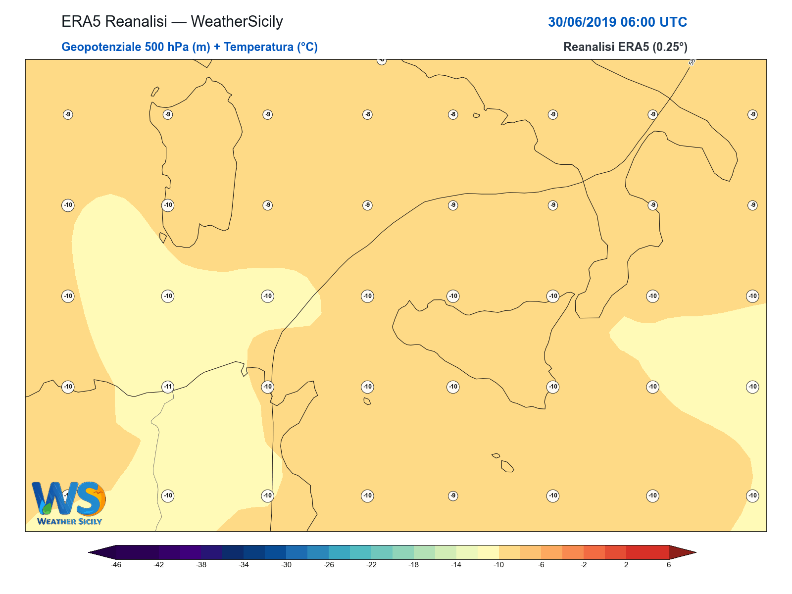 Geopotenziale 500 hPa + Temperatura · 2019063006