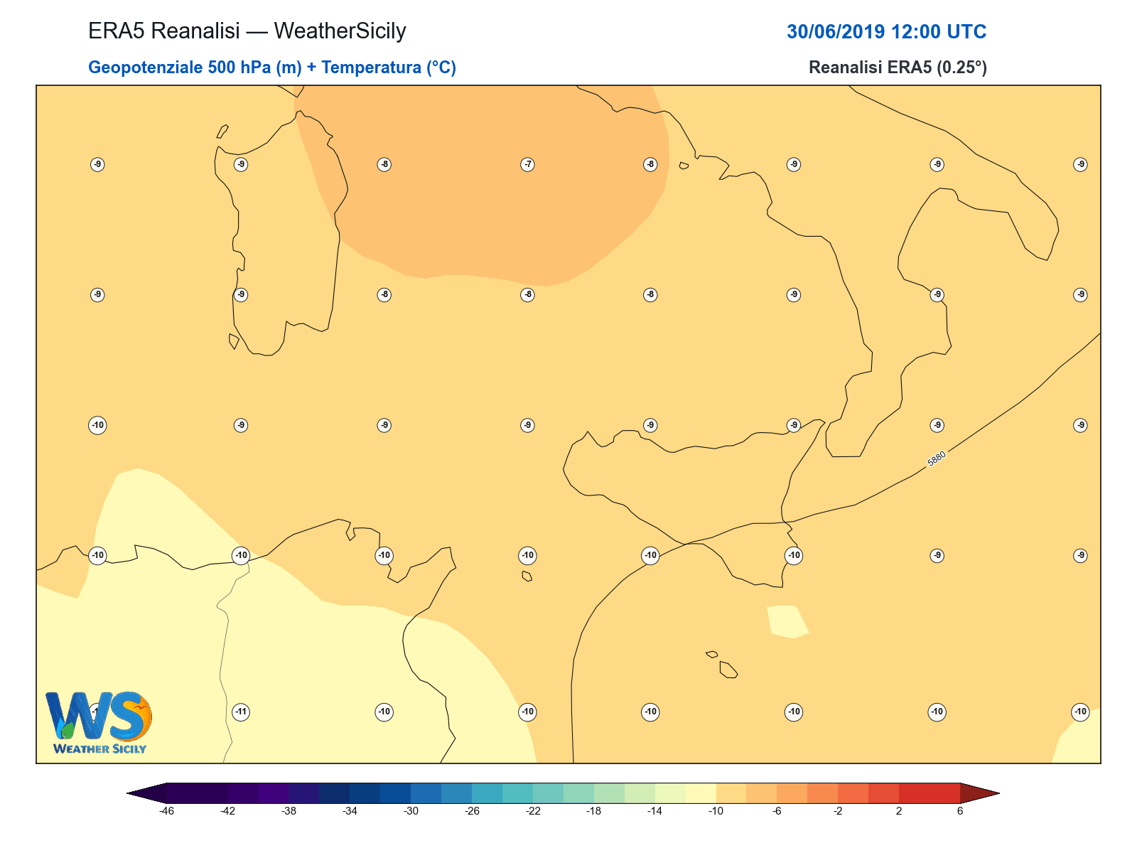 Geopotenziale 500 hPa + Temperatura · 2019063012