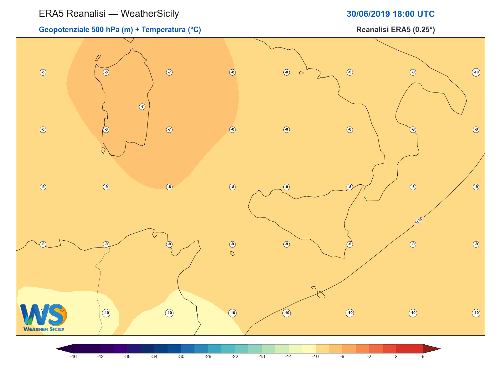 Geopotenziale 500 hPa + Temperatura · 2019063018