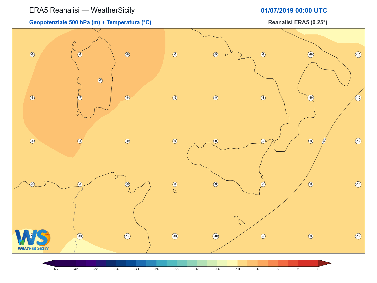 Geopotenziale 500 hPa + Temperatura · 2019070100