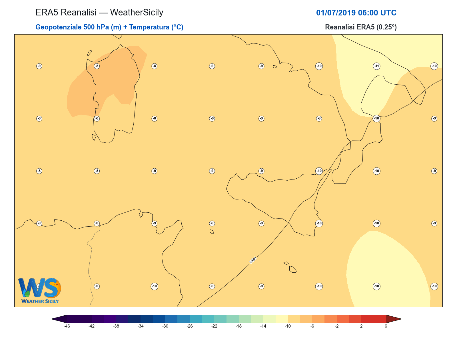 Geopotenziale 500 hPa + Temperatura · 2019070106