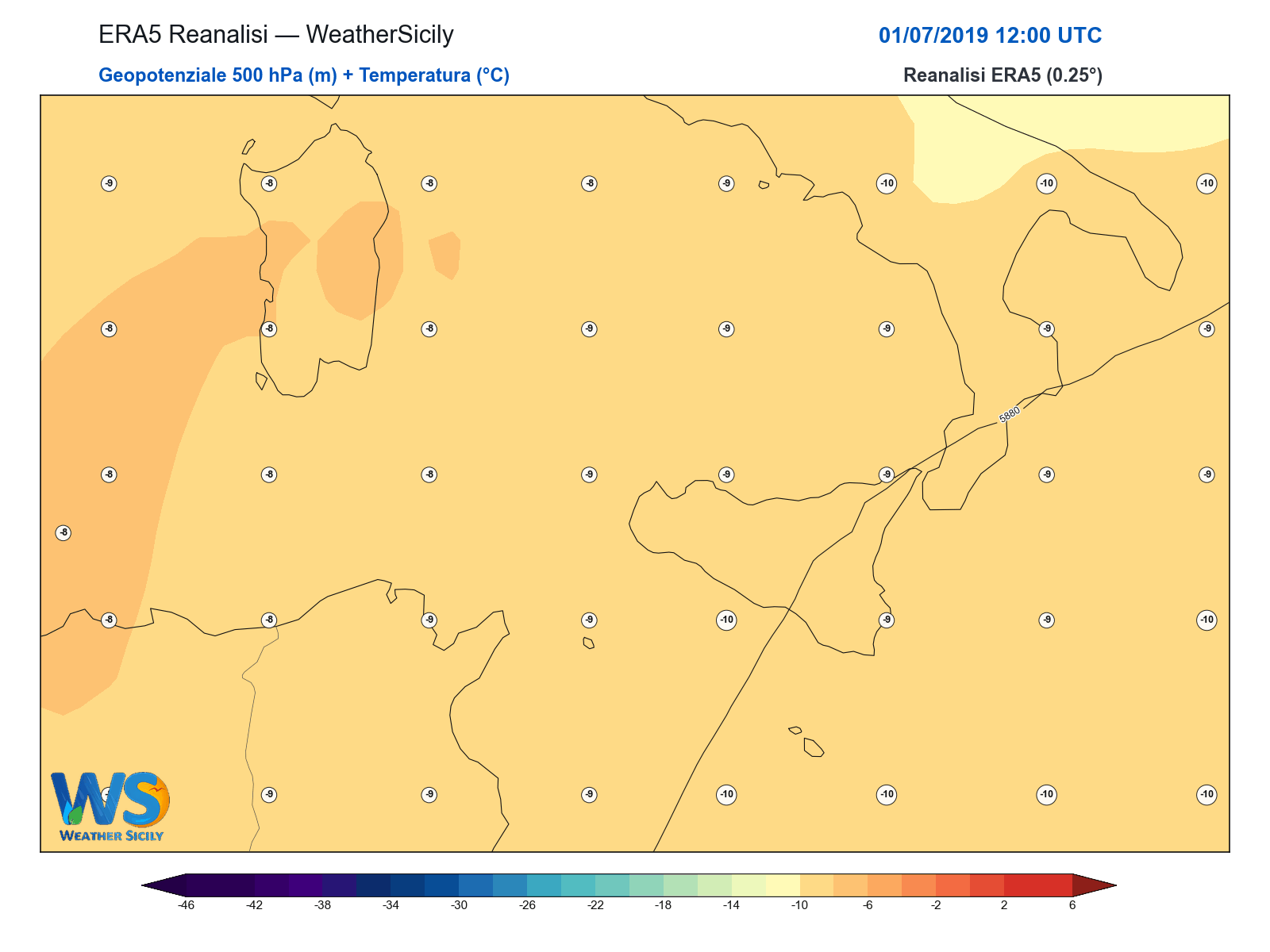 Geopotenziale 500 hPa + Temperatura · 2019070112