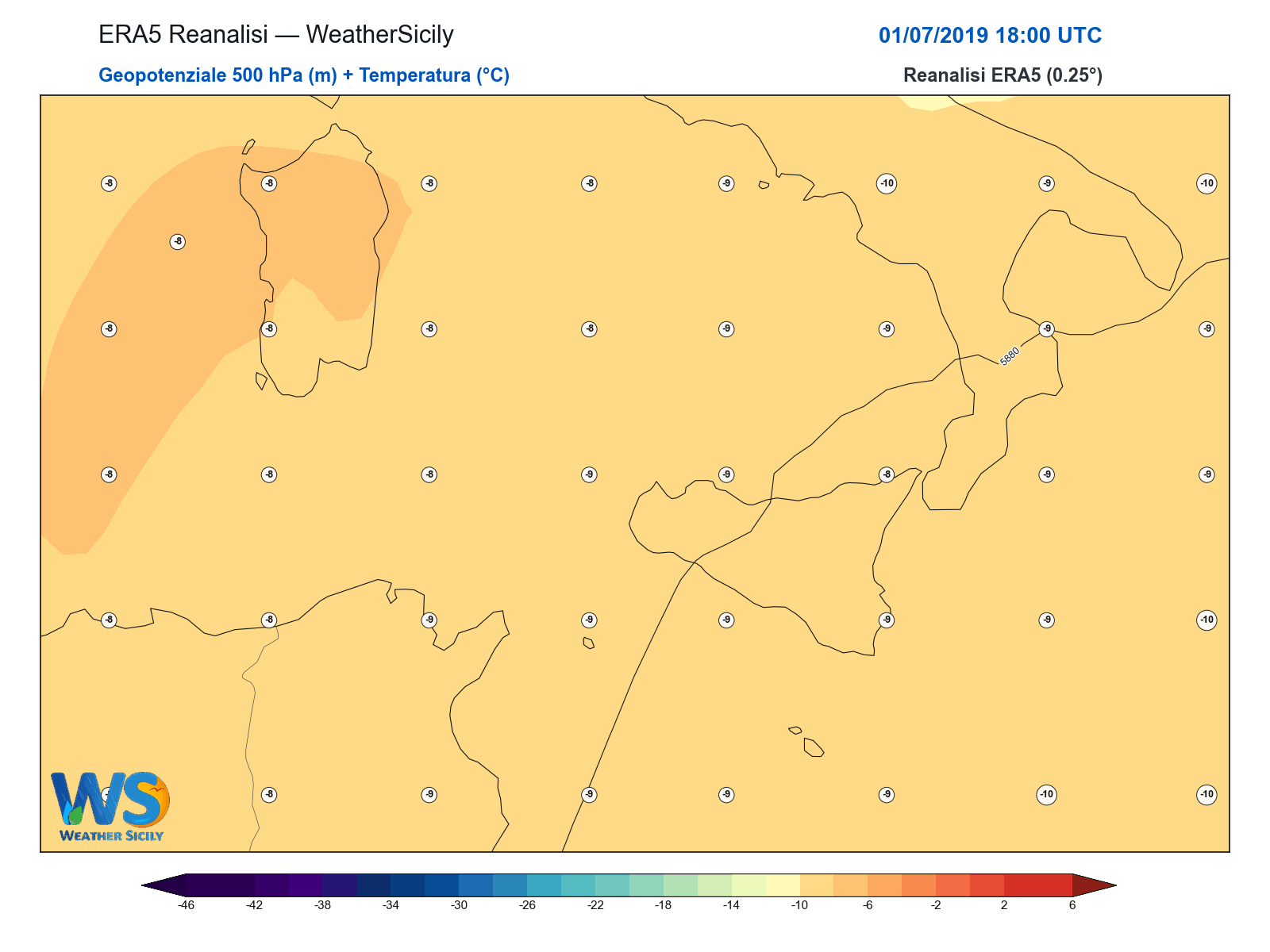 Geopotenziale 500 hPa + Temperatura · 2019070118