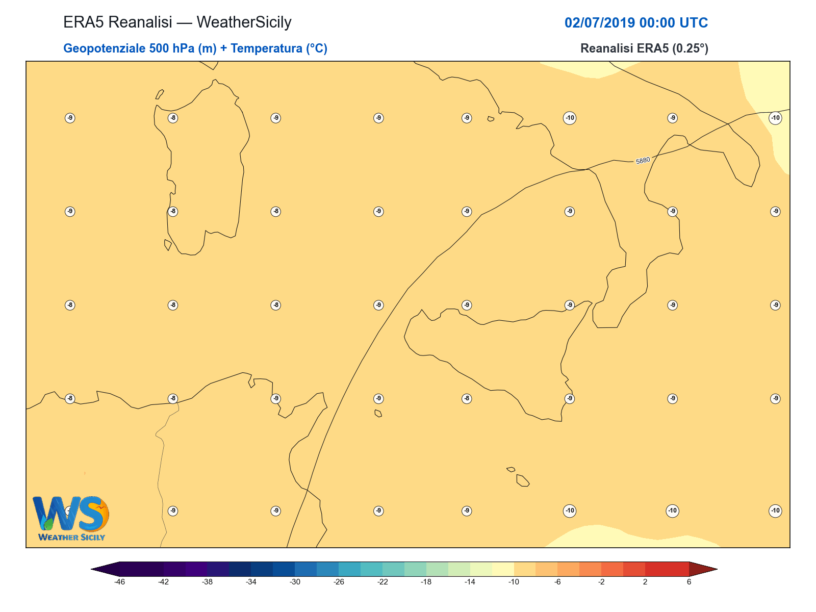 Geopotenziale 500 hPa + Temperatura · 2019070200