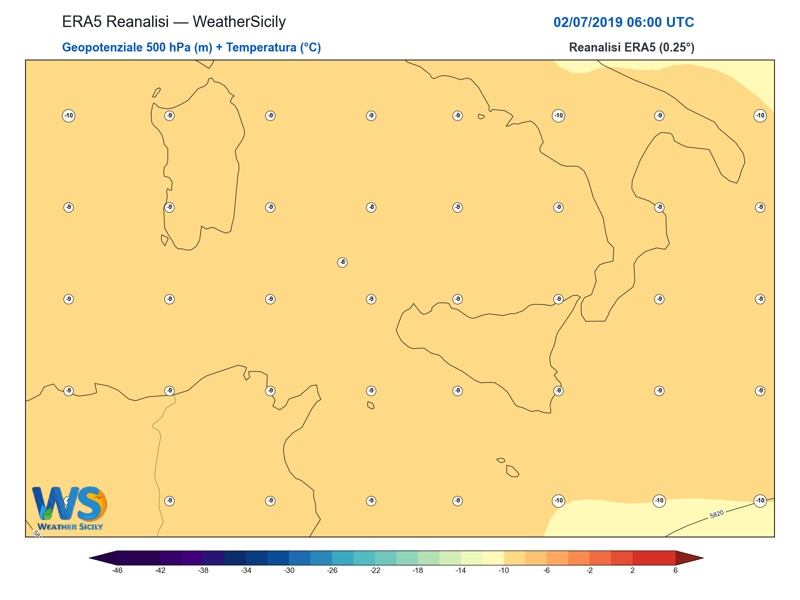 Geopotenziale 500 hPa + Temperatura · 2019070206