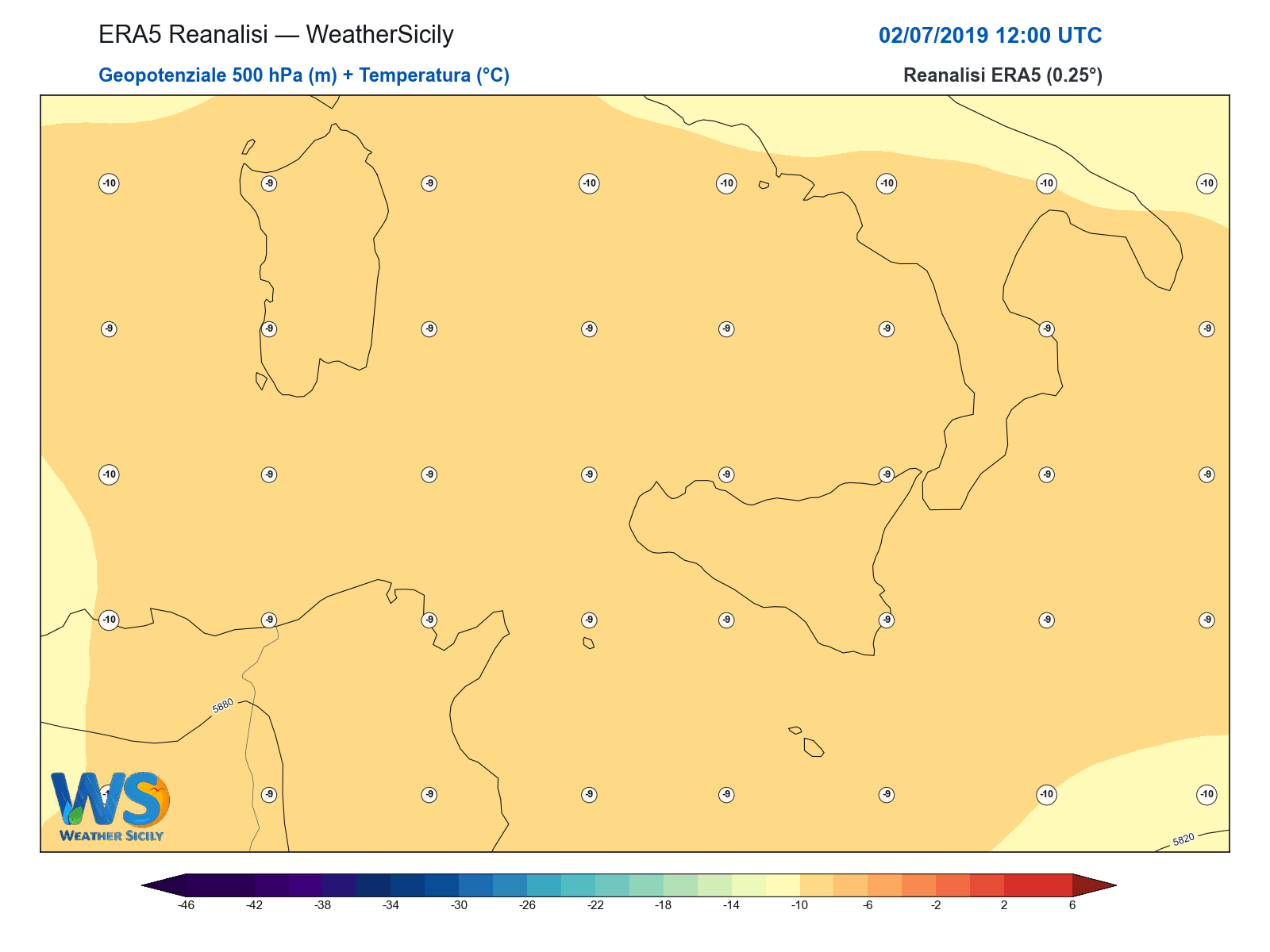 Geopotenziale 500 hPa + Temperatura · 2019070212