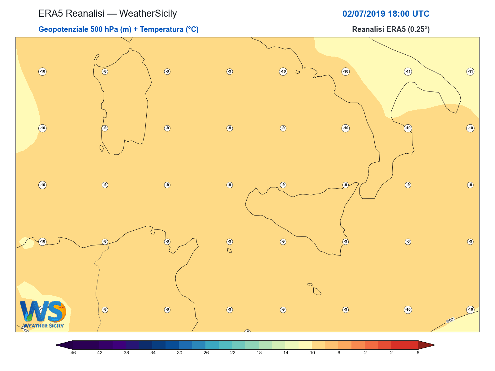 Geopotenziale 500 hPa + Temperatura · 2019070218