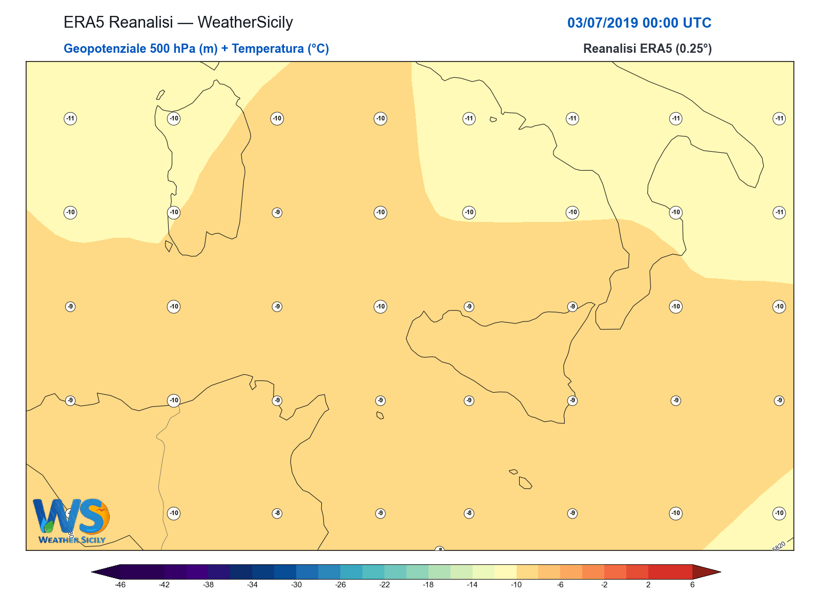 Geopotenziale 500 hPa + Temperatura · 2019070300