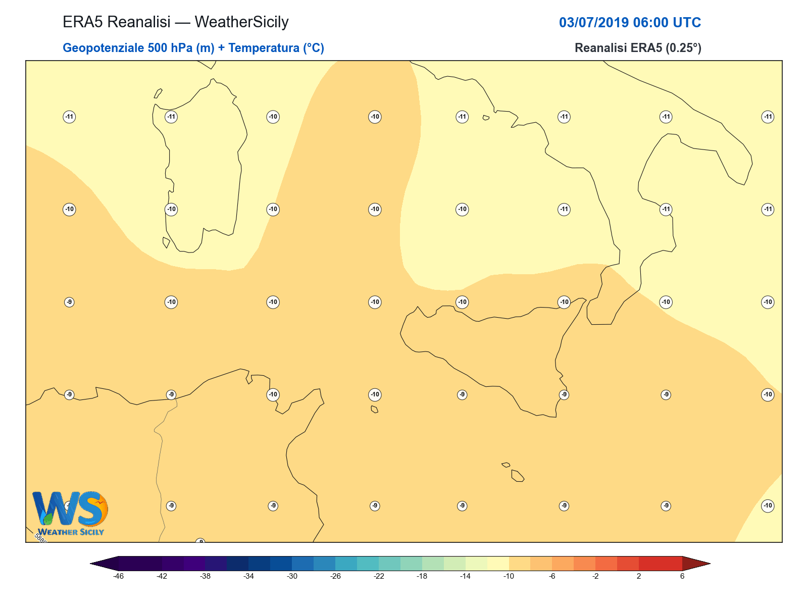 Geopotenziale 500 hPa + Temperatura · 2019070306