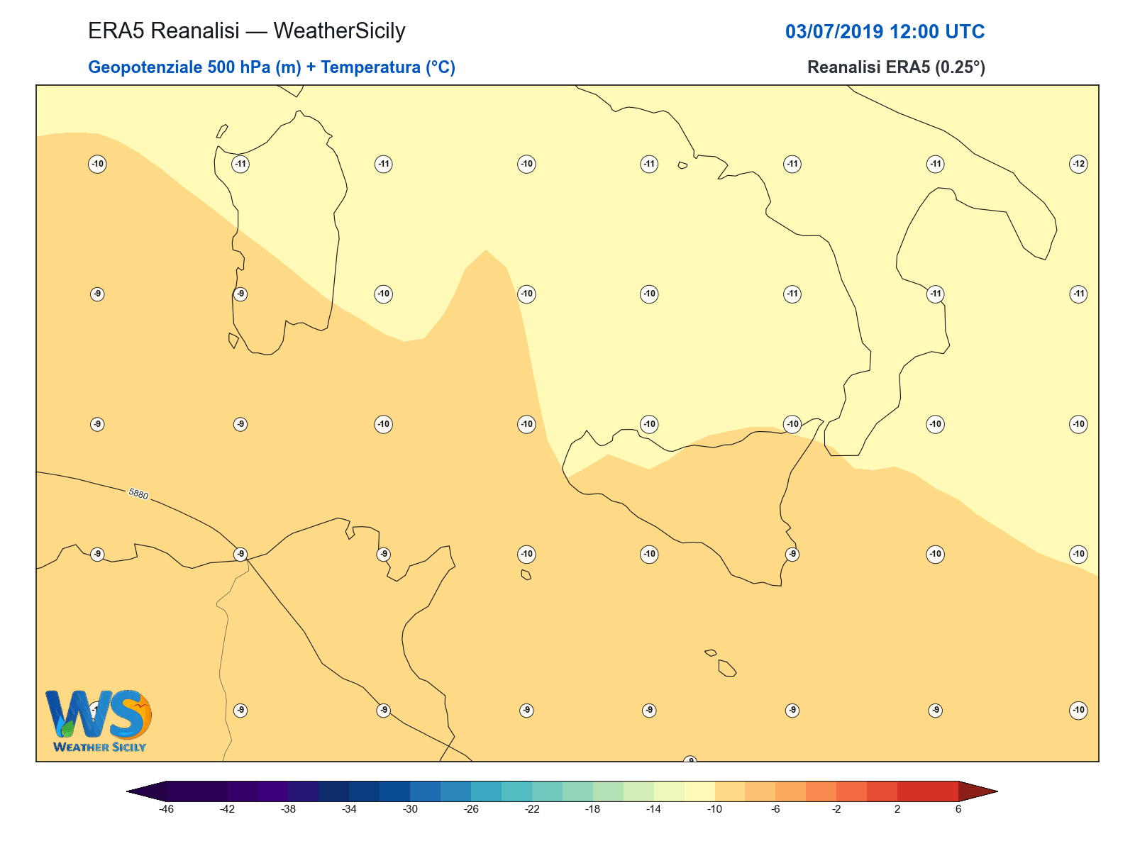 Geopotenziale 500 hPa + Temperatura · 2019070312