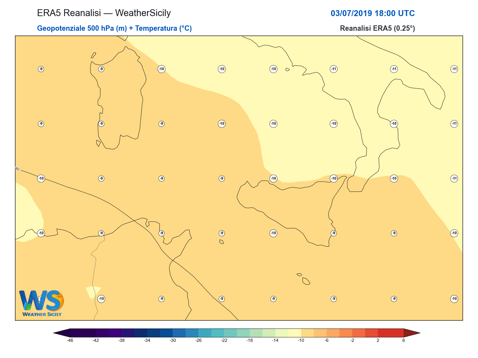 Geopotenziale 500 hPa + Temperatura · 2019070318
