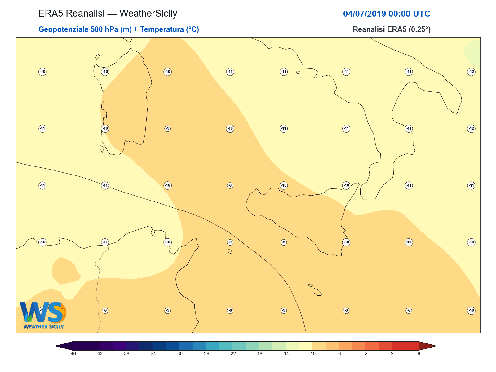 Geopotenziale 500 hPa + Temperatura · 2019070400