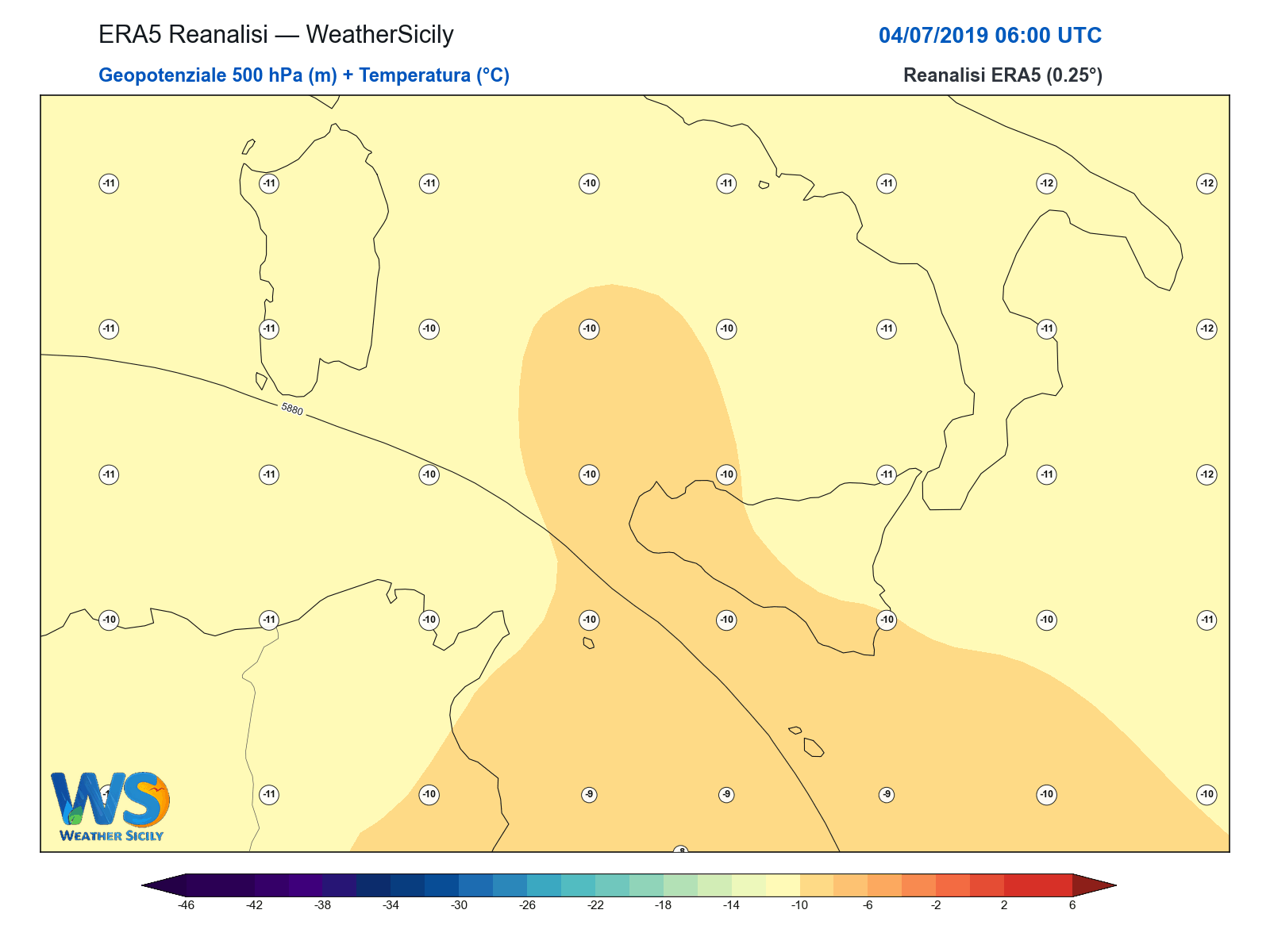 Geopotenziale 500 hPa + Temperatura · 2019070406