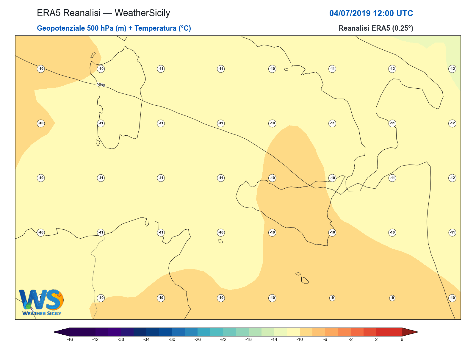Geopotenziale 500 hPa + Temperatura · 2019070412