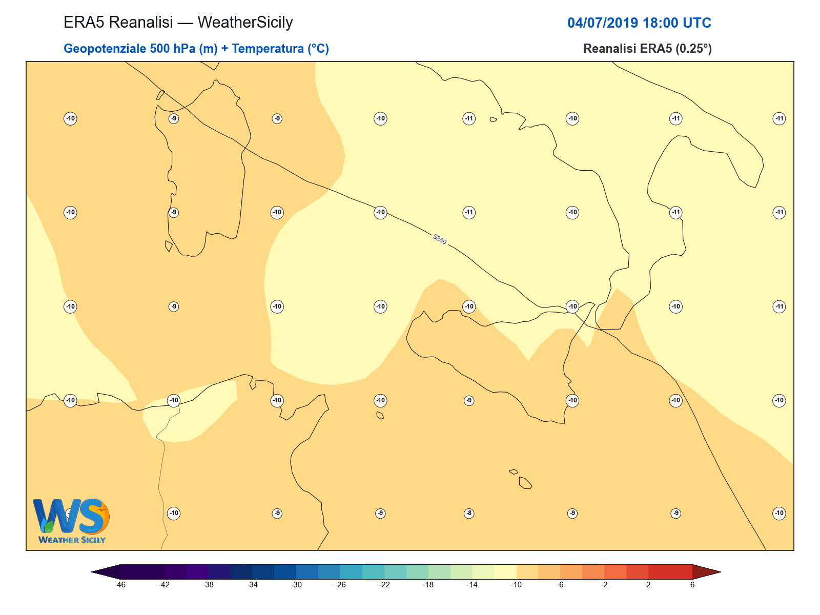 Geopotenziale 500 hPa + Temperatura · 2019070418