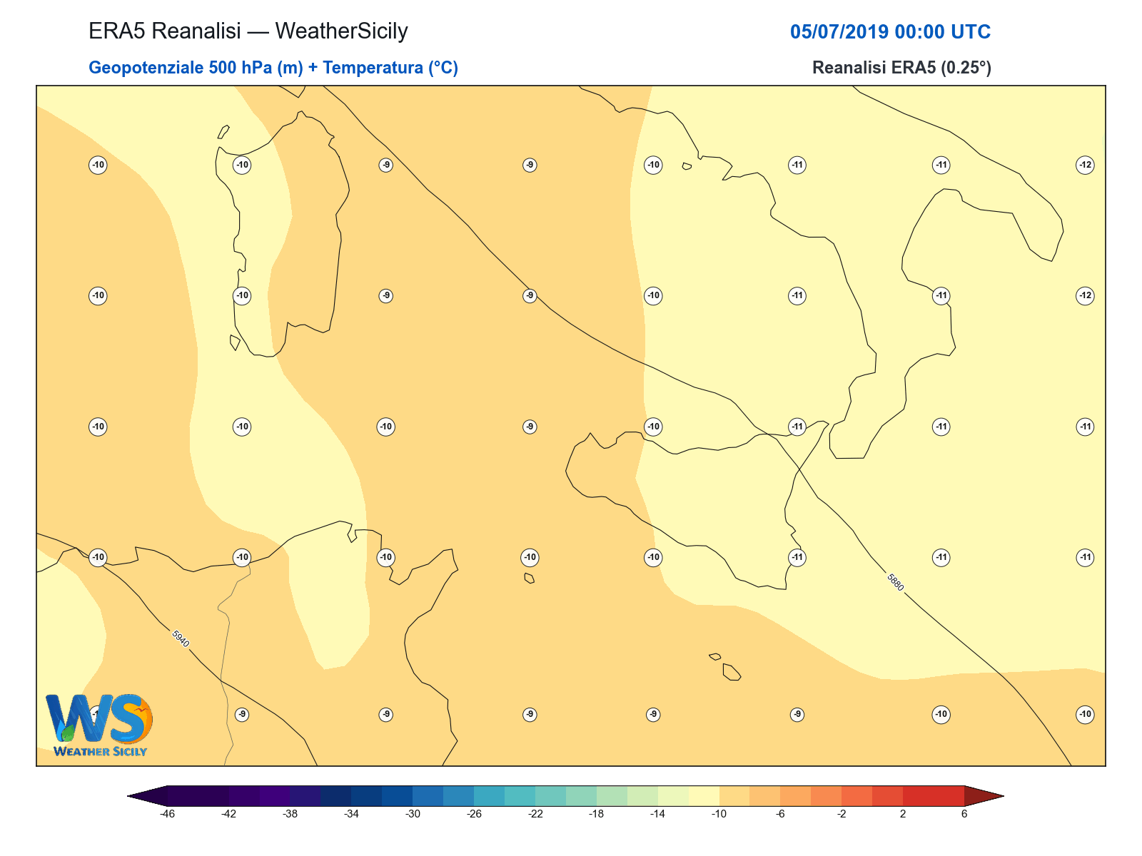 Geopotenziale 500 hPa + Temperatura · 2019070500