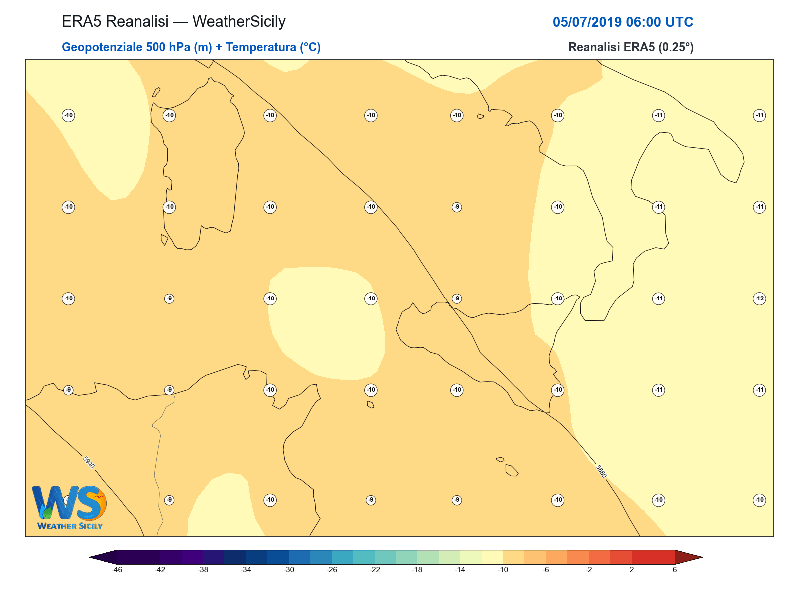 Geopotenziale 500 hPa + Temperatura · 2019070506