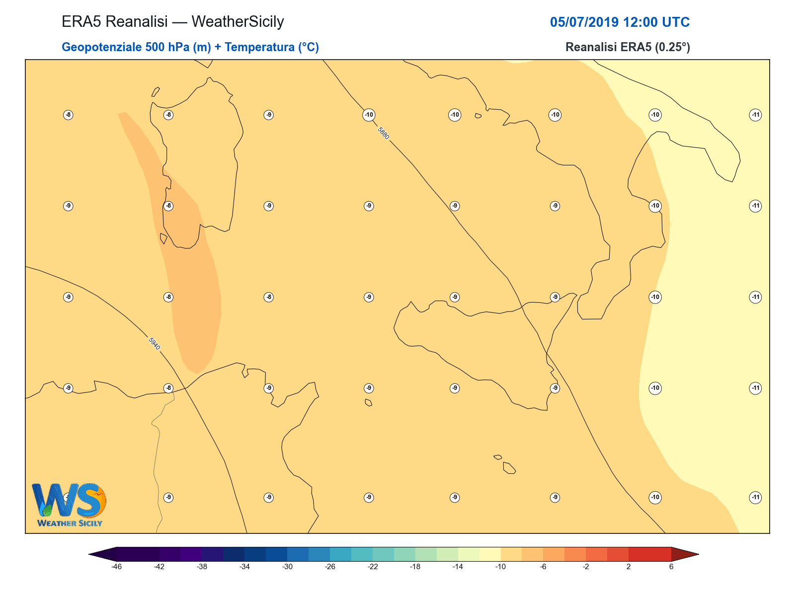 Geopotenziale 500 hPa + Temperatura · 2019070512