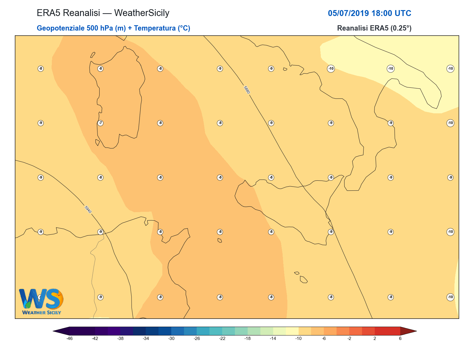 Geopotenziale 500 hPa + Temperatura · 2019070518